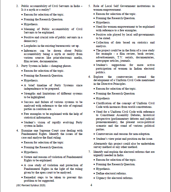 ISC Class 12 Political Science Syllabus for Exam 2025