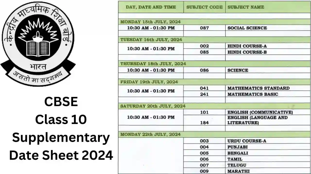 CBSE Class 10 Supplementary Date Sheet 2024