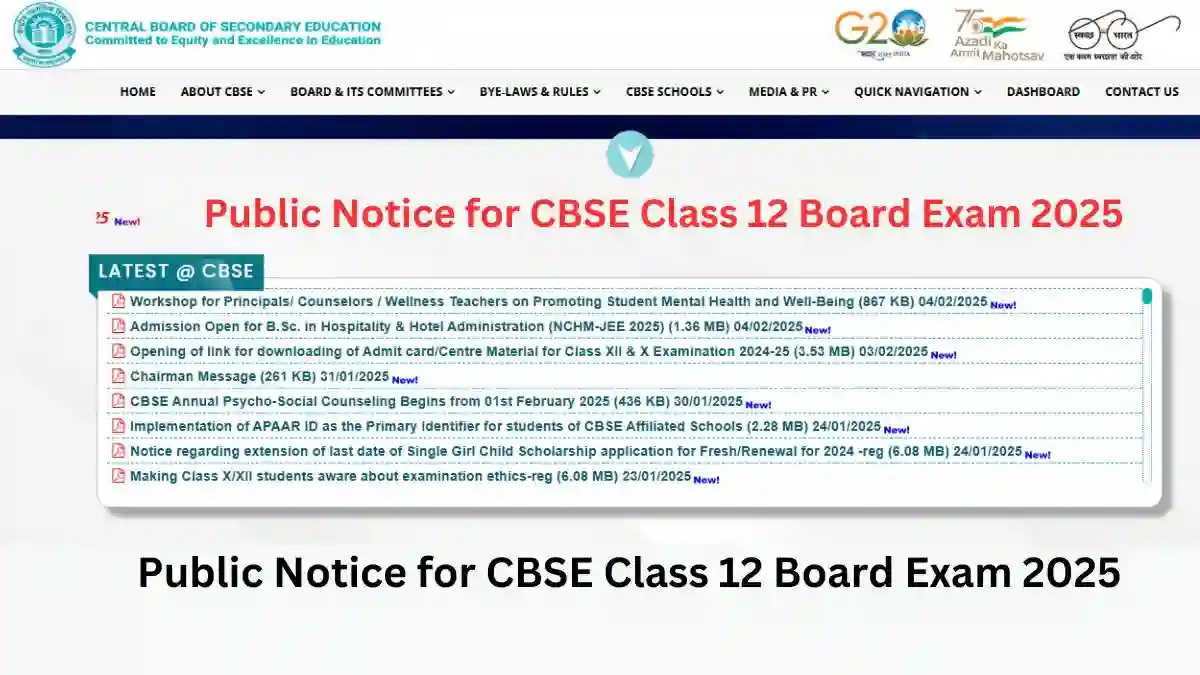 Public Notice for CBSE Class 12 Board Exam 2025